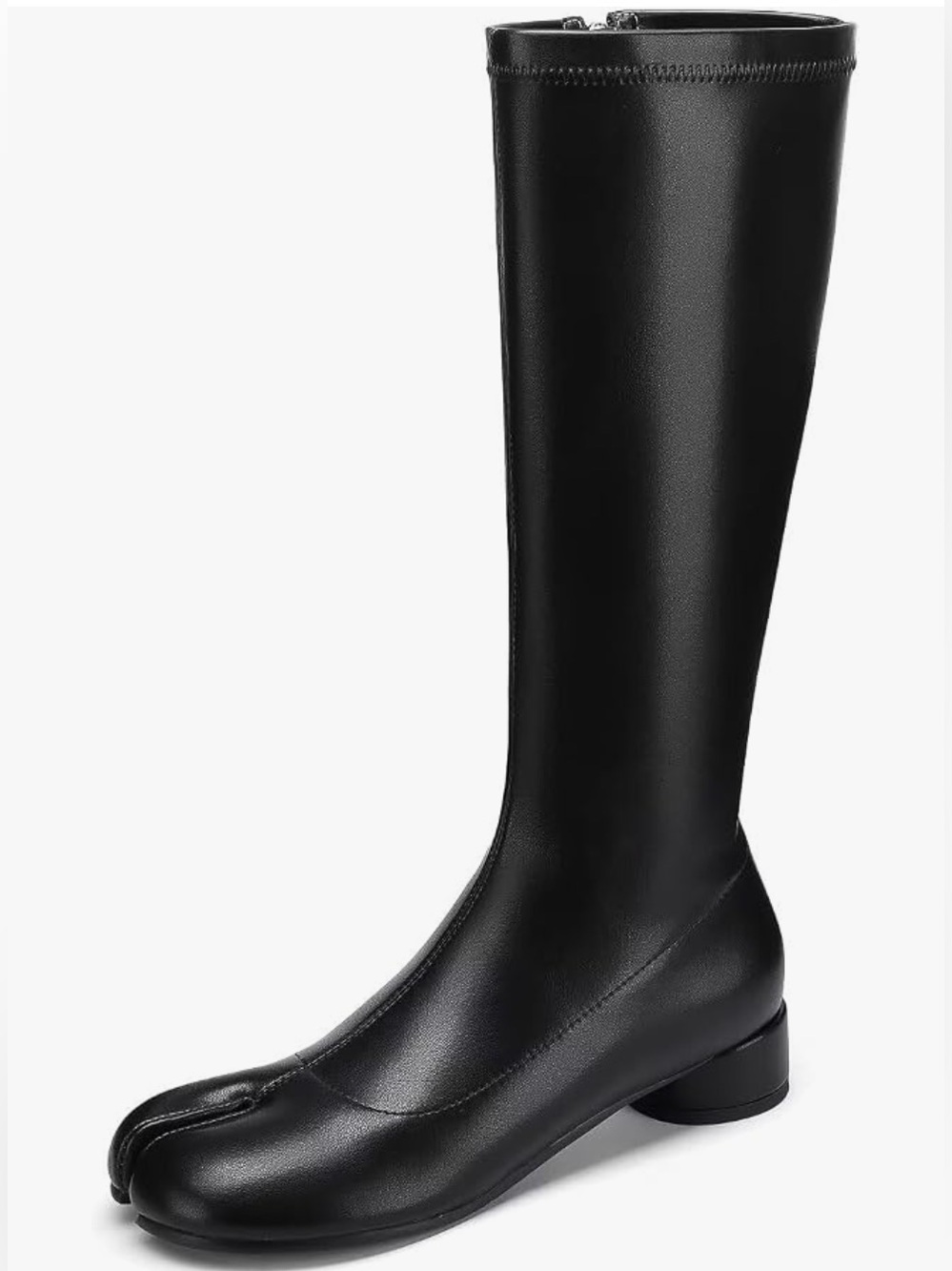 🆕 Knee High Split Toe Stretch Leather Boots Block Heel Side Zipper Mid Calf Tabi